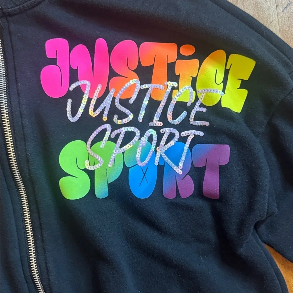 Justice sweatshirt size 12 to 14 black sequins rainbow lettering streetwear
